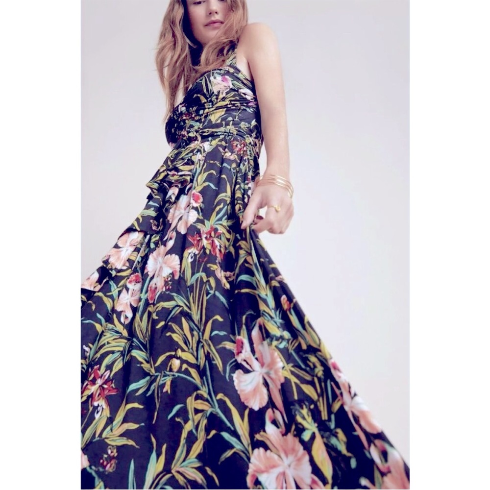 Anthropologie Maeve Gabriela Ruffled Black Floral Tropical Maxi Dress XS